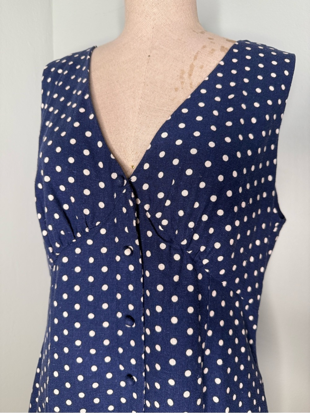 Nicole Miller New York Navy Polka Dot Linen Blend Midi Dress | Size XL | Classic